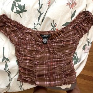 just polly new york off the shoulder plaid top